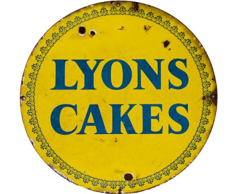 Advertising enamel LYONS CAKES, blue on yellow circular enamel measuring 17in diameter. In good condition with a few small ch