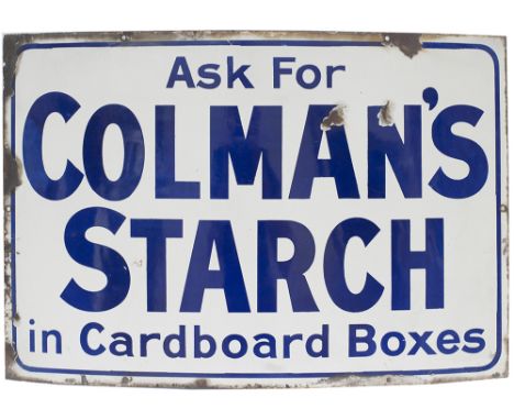Advertising enamel sign ASK FOR COLMAN'S STARCH IN CARDBOARD BOXES. Measures 24in x 16in and is in good condition with a few 