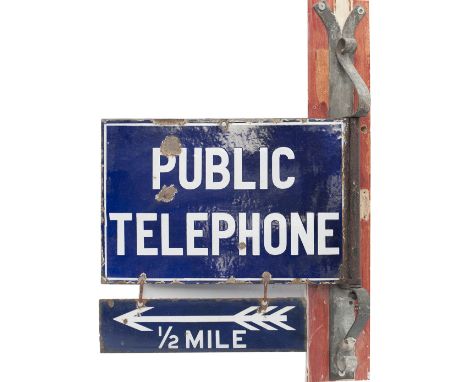 Advertising enamel sign PUBLIC TELEPHONE with additional sign below 1/2 MILE and arrow. Double sided with original wall mount