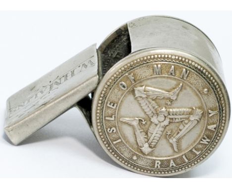Isle Of man Railway nickel plated brass guards button whistle, with two 1in diameter buttons either side and lip hand engrave