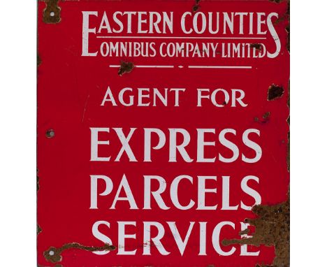 Motoring bus enamel sign EASTERN COUNTIES OMNIBUS COMPANY LIMITED AGENT FOR EXPRESS PARCELS SERVICE. Double sided measures 18