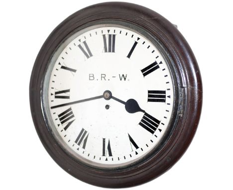 GWR mahogany cased 14 inch fusee clock. The movement has rectangular plates with turned shaped pillars and the wooden surroun