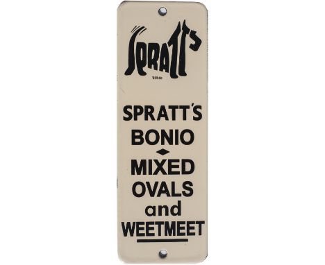 Enamel advertising finger plate sign SPRATT'S BONIO MIXED OVALS AND WEETMEET. Measures 8in x 2.75in and in virtually mint con