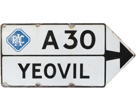 RAC motoring enamel direction sign A30 YEOVIL. Double sided measuring 36in x 17in. Both sides in good condition.