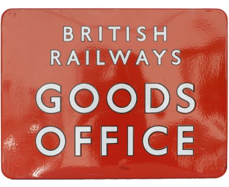 BR(NE) FF enamel sign BRITISH RAILWAYS GOODS OFFICE, dark tangerine with black edged letters. In excellent condition with a f