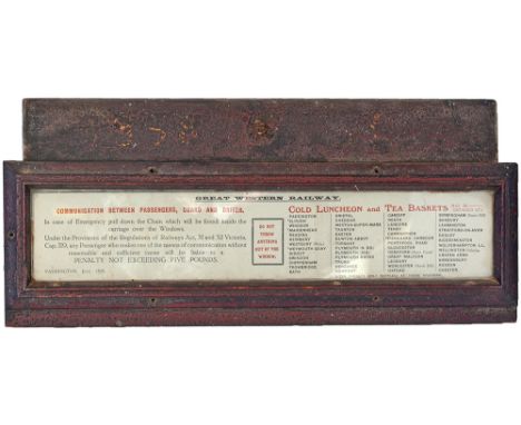 GWR mahogany framed and glazed carriage panel advertising COLD LUNCHEON AND TEA BASKETS in red and black print on white card.