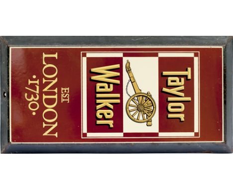 Advertising enamel brewery sign TAYLOR WALKER EST LONDON 1730 with image of a field gun. Measures 21in x 10.5in and is in ver