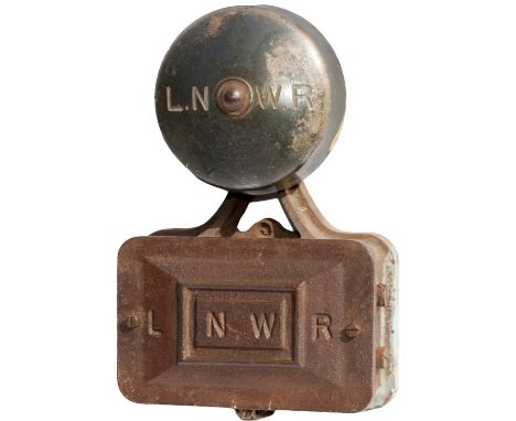 LNWR electric bell, cast iron with LNWR cast into the top and the brass bell has LNWR engraved into the face. An unusual item