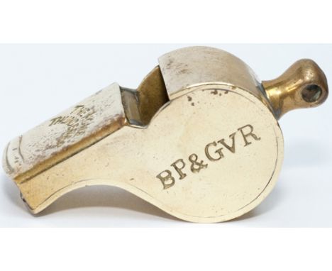 Bury Port and Gwendraeth Railway brass guards whistle, stamped in the side BP&GVR 12 and stamped on the lip HUDSONS PATENT TH