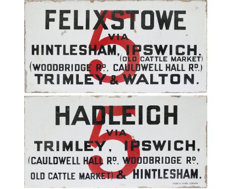 Bus advertising double sided enamel sign. One side reads FELIXSTOWE VIA HINTLESHAM, IPSWICH, TRIMLEY & WALTON. The other read