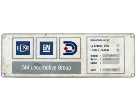 Diesel worksplate rectangular stainless steel GM LOCOMOTIVE GROUP MODEL JT42 CWR SERIAL 968702-164 DATE 09-99 ex class 66 661