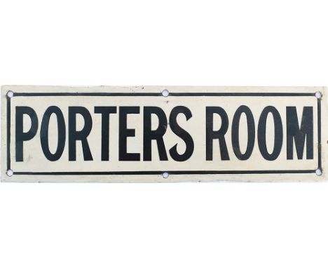 Enamel doorplate PORTERS ROOM probably South Eastern & Chatham Railway. Black on white enamel measures 12in x 3.5in. Some res