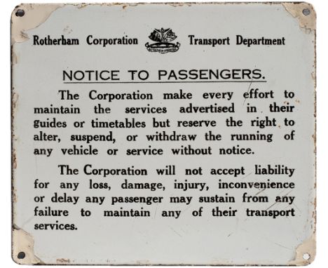 Motoring bus enamel sign ROTHERHAM CORPORATION TRANSPORT DEPARTMENT NOTICE TO PASSENGERS re SUSPEND OR WITHDRAW SERVICES WITH
