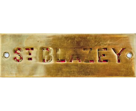 GWR brass signal box shelf plate ST BLAZEY, hand engraved and still showing remnants of black and red infill wax. Ex Goonbarr