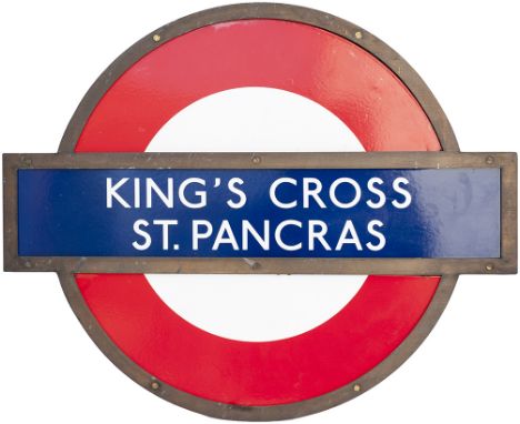 London Underground enamel target/bullseye sign KING'S CROSS ST PANCRAS measuring 24in x 20in and in original bronze frame. In