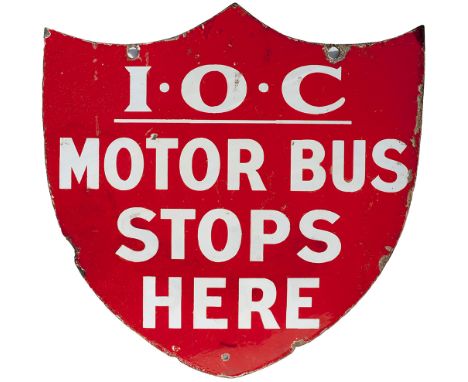 Motoring bus enamel sign I.O.C MOTOR BUS STOPS HERE (IRISH OMNIBUE COMPANY). Double sided measures 21.5in x 21.5in. In good c