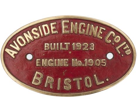 Worksplate AVONSIDE ENGINE CO LTD BRISTOL BUILT 1923 ENGINE NO 1905. Ex 0-4-0 ST delivered new to Penderyn Limestone Quarries