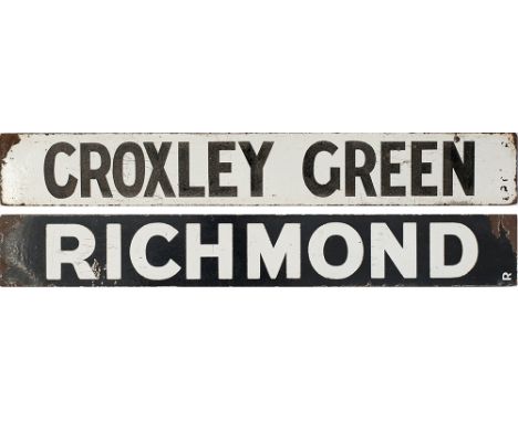 LMS/LNWR enamel destination board RICHMOND-CROXLEY GREEN. As used on the LMS/LNWR electric suburban stock. Measures 28.25in x