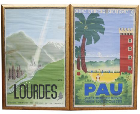 Posters 2 x framed and glazed published for the French Railways. LOURDES, SOCIETE NATIONALE DES CHEMINS DE FER FRANCAIS by He