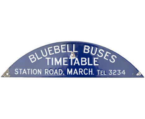 Bus advertising enamel timetable sign BLUEBELL BUSES TIMETABLE STATION ROAD, MARCH TEL 3234. A rare sign measuring 16in x 4in