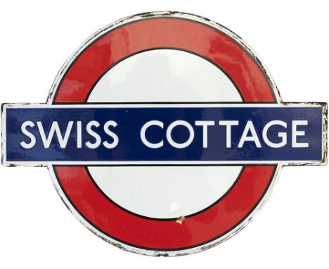 London Underground enamel target/bullseye sign SWISS COTTAGE measuring 24in x 17.5in. In very good condition with one small f