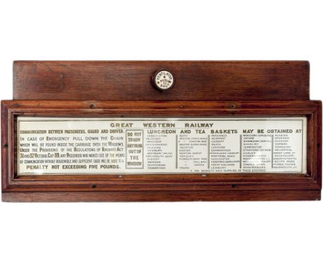 GWR mahogany framed and glazed carriage panel advertising LUNCHEON AND TEA BASKETS in gold print on white card. Dated 1925 an