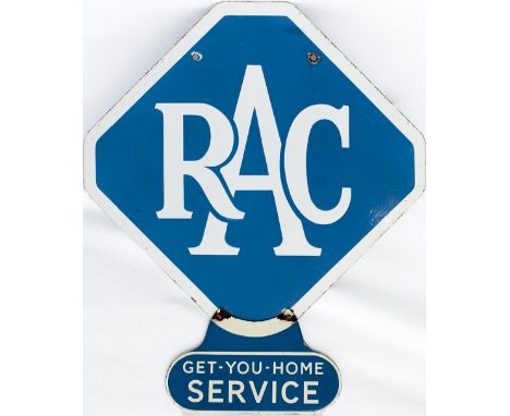 RAC motoring enamel sign RAC with extra sign fixed to the bottom GET YOU HOME SERVICE. Double sided measuring 22in x 26in. Bo