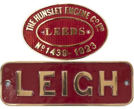 Nameplate LEIGH and matching worksplate THE HUNSLET ENGINE CO LTD LEEDS NO 1439 1923 ex 0-6-0 ST. It worked on the West Leigh