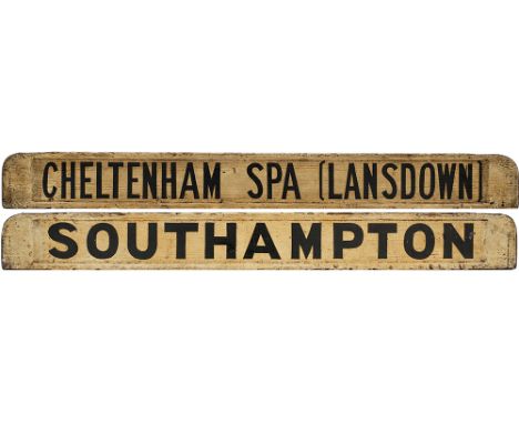 LMS/BR(M) wooden carriage board CHELTENHAM SPA LANSDOWN-SOUTHAMPTON painted black on white and measuring 32in long. In very g