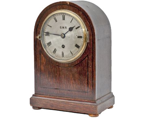 GWR fusee bracket clock with silver engraved dial marked GWR EVANS & SONS BIRMINGHAM. Oak case with ebony stringing and GWR n