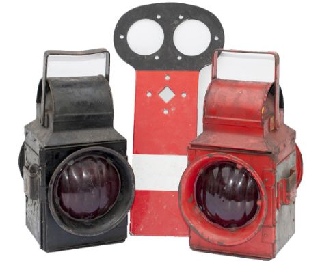 South African Railway guards van lamp a pair, one red and the other black, both are embossed SAT SAV on the front and reservo