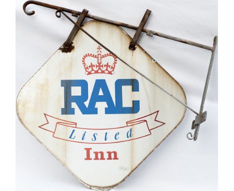 RAC motoring enamel sign RAC LISTED INN, double sided and complete with original hanging bracket. Measuring 22in x 22in, both