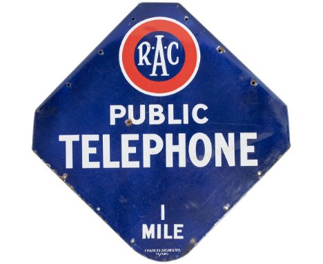 RAC motoring enamel sign RAC PUBLIC TELEPHONE 1 MILE measuring 26in x 26in with makers name Franco Signs W1 enamelled into th
