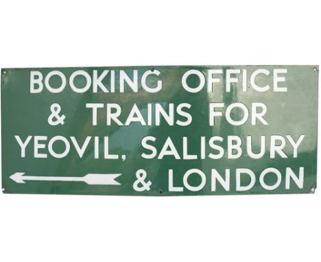 Southern Railway enamel sign BOOKING OFFICE & TRAINS FOR YEOVIL, SALISBURY & LONDON with left facing arrow. In excellent cond