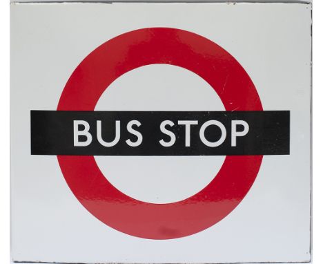 Bus advertising enamel sign (London Transport) BUS STOP. Double sided boat shape measuring 18in x 15.5in. Both sides in very 