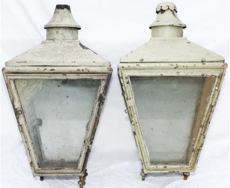 A pair of post mounted street lamp cases manufactured from copper and painted grey and light green, traces of green paint und