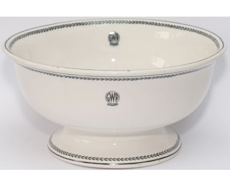 GWR black leaf pattern china fruit bowl with GWR in roundel and HOTELS marked on the inside and outside. Base is marked VITRE