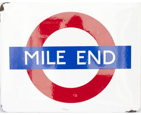 London Underground FF enamel target/bullseye sign MILE END. Measures 21in x 16.5in and is in very good condition with a coupl