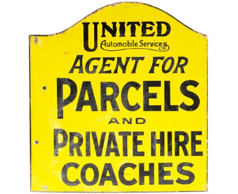 Motoring bus enamel sign UNITED AUTOMOBILE SERVICES LTD AGENTS FOR PARCELS AND PRIVATE HIRE COACHES. Double sided measuring 1