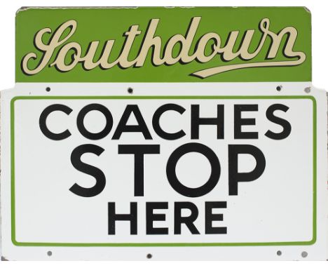 Bus advertising enamel sign SOUTHDOWN COACHES STOP HERE. Double sided measuring 20in x 15.5in. Both sides in very good condit