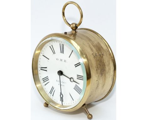 GWR brass drum clock with enamelled dial GWR KAY & CO PARIS. Case and movement stamped 3644 and has the GWR modified winder f