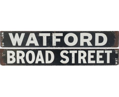LMS/LNWR enamel destination board WATFORD-BROAD STREET. As used on the LMS/LNWR electric suburban stock. Measures 28.25in x 4