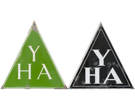 Advertising enamels, a pair of YHA (Youth Hostel Association), one white on black enamel, the other white on green. Both meas