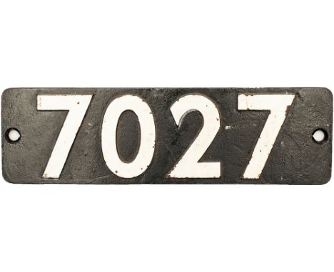 Smokebox numberplate 7027 ex GWR/BR-W Castle 4-6-0 named THORNBURY CASTLE. Built 1949 at Swindon works, allocations included 
