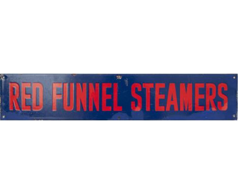 Advertising enamel poster board heading RED FUNNEL STEAMERS measuring 25in x 5in. Probably from Southampton or the Isle Of Wi