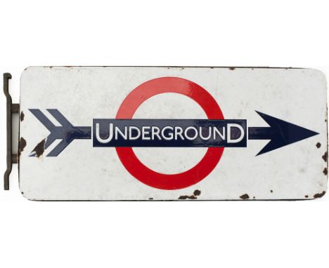 Underground enamel station direction sign, double sided with original mounting bracket. Some chipping to either side but in o