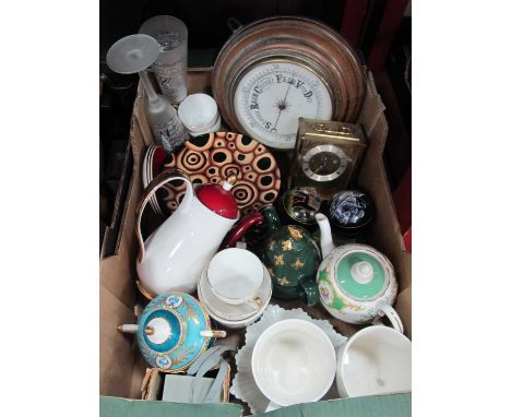 Barometer (glass absent), Acctim carriage clock, Cellini plates, other ceramics, camera:- One Box