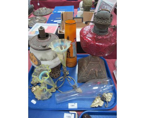 Late XIX Century Iron Based Oil Lamp, with cranberry well, one other, epergne and flutes, 1930's vase:- One Tray.No hairline 