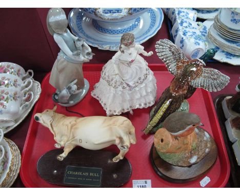 Beswick Pheasant and Charolais Bull. Worcester 'The Fairest Rose' figurine, another by Lladro, all with faults, Countrylife '