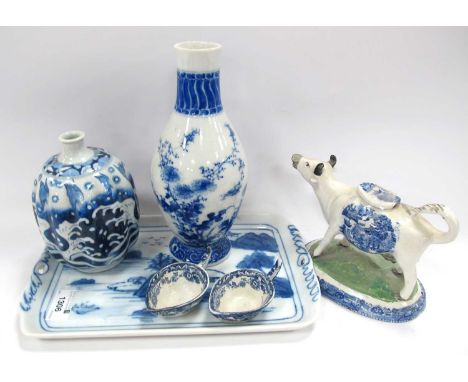 Oriental Japanese Blue &amp; White Floral Vase, of ovoid form, 21.5cm high, spill vase featuring birds in flight, cow creamer